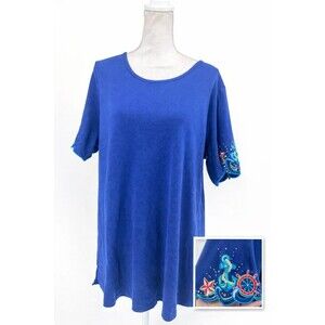 New The Quacker Factory Womens Shirt 1X Nautical Blue Cotton Blend Top Coastal